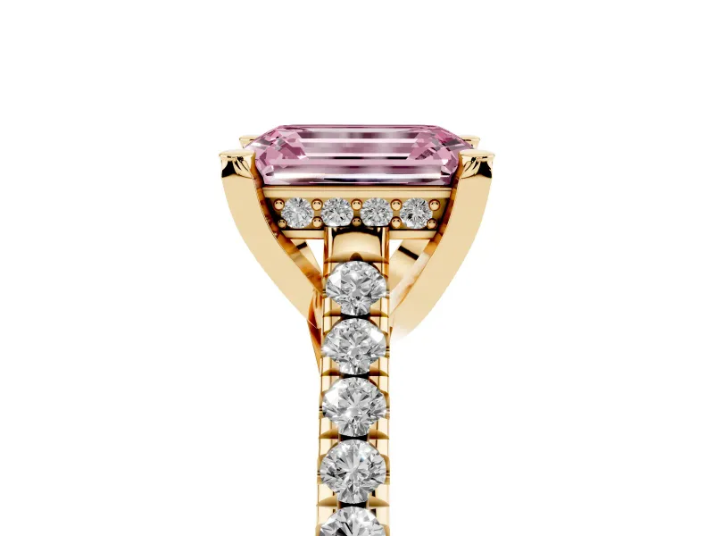 Emerald Cut Hidden Halo Pave Engagement Ring Setting for a Fancy Pink Lab-Grown Diamond | Claw Prongs | Yellow Gold
