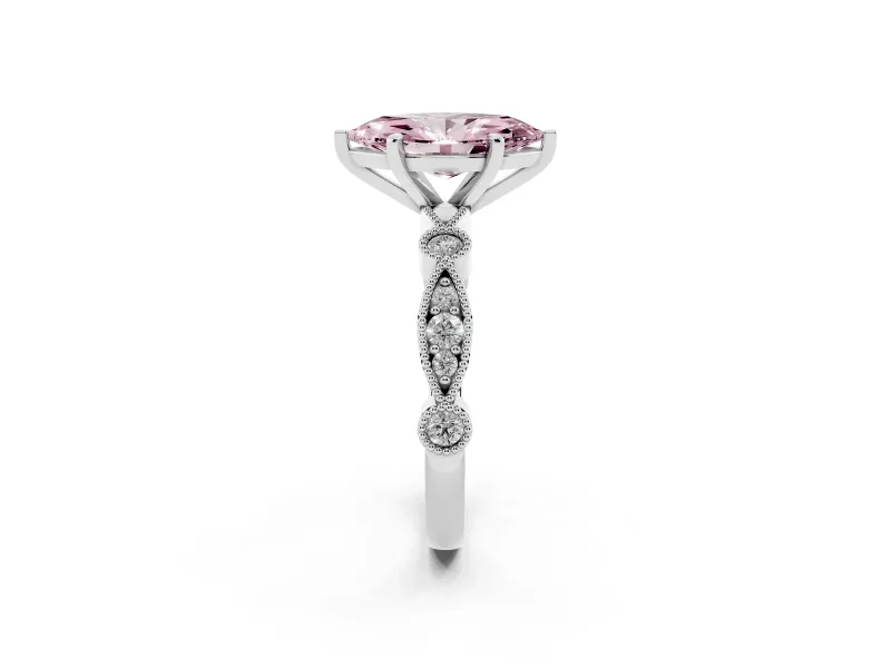 Fancy Pink Marquise Cut Diamond Solitaire Engagement Ring Set in White gold with Milgrain Bezel Accent Band