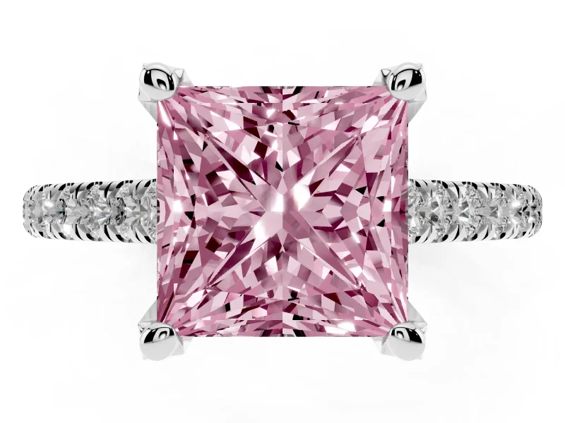 Princess Cut Hidden Halo Pave Engagement Ring Setting for a Fancy Pink Lab-Grown Diamond | Claw Prongs | White Gold