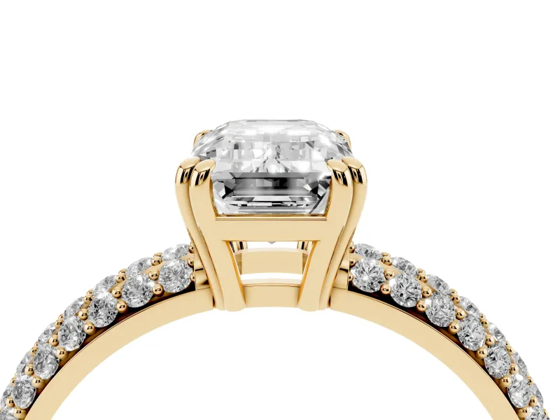 Emerald Cut Three Row Pave Solitaire Engagement Ring Setting | Double Claw Prongs | Yellow Gold