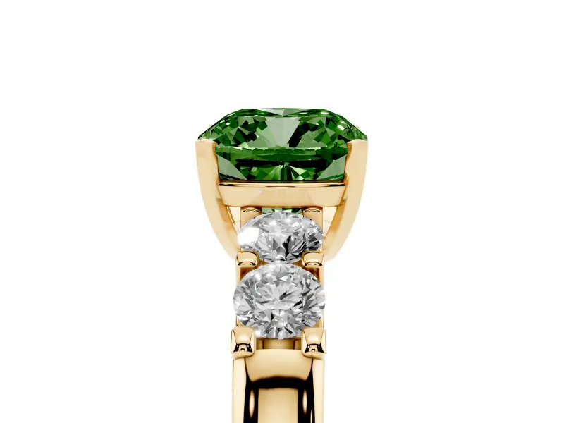 Fancy Green Cushion Cut Diamond Five-Stone Prong Set Engagement Ring Set in Yellow gold with Channel Band