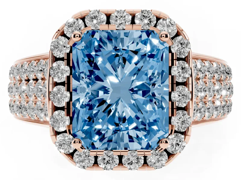 Radiant Cut Pavé Engagement Ring Setting for a Fancy Blue Lab-Grown Diamond | Wide Three-Row Band | Rose Gold
