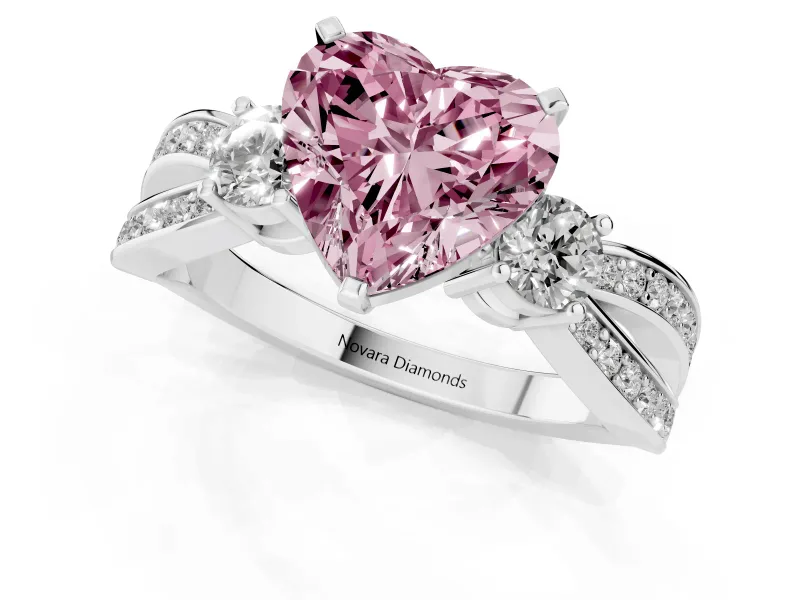 Fancy Pink Three-Stone Heart Cut Diamond Twist Band Ring Set in Silver with Pavé Accents and Prong Setting