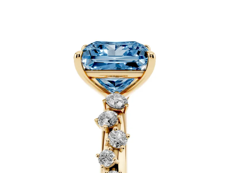 Fancy Blue Princess Cut Diamond Cluster Solitaire Ring Set in Yellow gold with Prong Setting