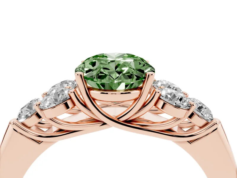 Fancy Green Oval Cut Diamond Cluster Ring Set in Rose gold with Round Accent Stones and Prong Setting on a Plain Band