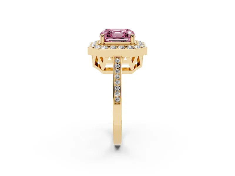 Asscher Cut Halo Engagement Ring Setting for a Fancy Pink Lab-Grown Diamond | Polished Halo Rim | Yellow Gold