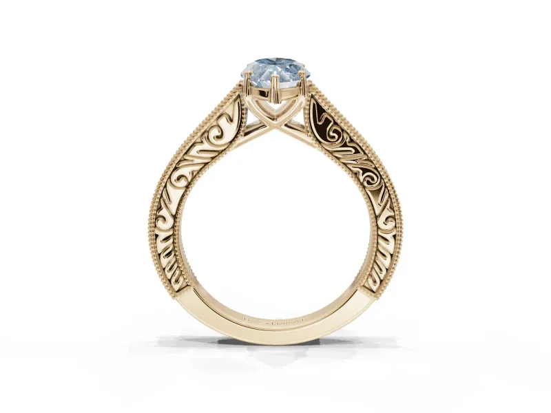 Marquise Vintage Engraved Pavé Engagement Ring Setting for a Fancy Blue Lab-Grown Diamond | Milgrain Edges | Yellow Gold