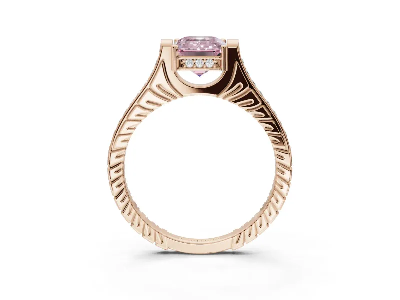 Emerald Cut Vintage Cathedral Engagement Ring Setting for a Fancy Pink Lab-Grown Diamond | Carved Band | Rose Gold
