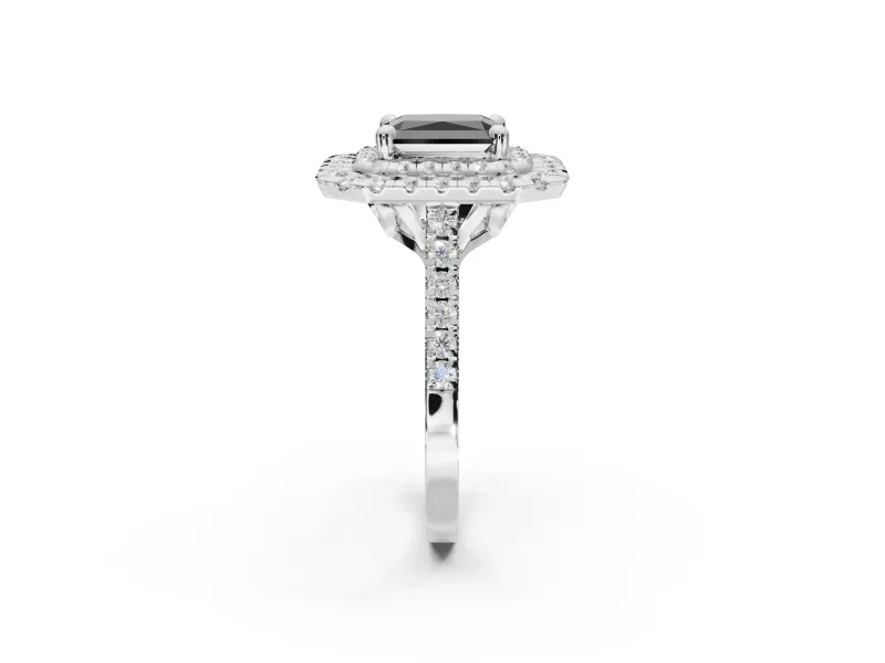 Fancy Black Radiant Cut Lab-Grown Diamond Double Halo Statement Ring Set in Platinum with Pavé Band