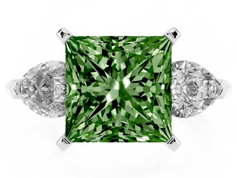 Fancy Green Three-Stone Princess Cut Diamond Ring Set in Platinum with Pear Side Stones and Prong Setting