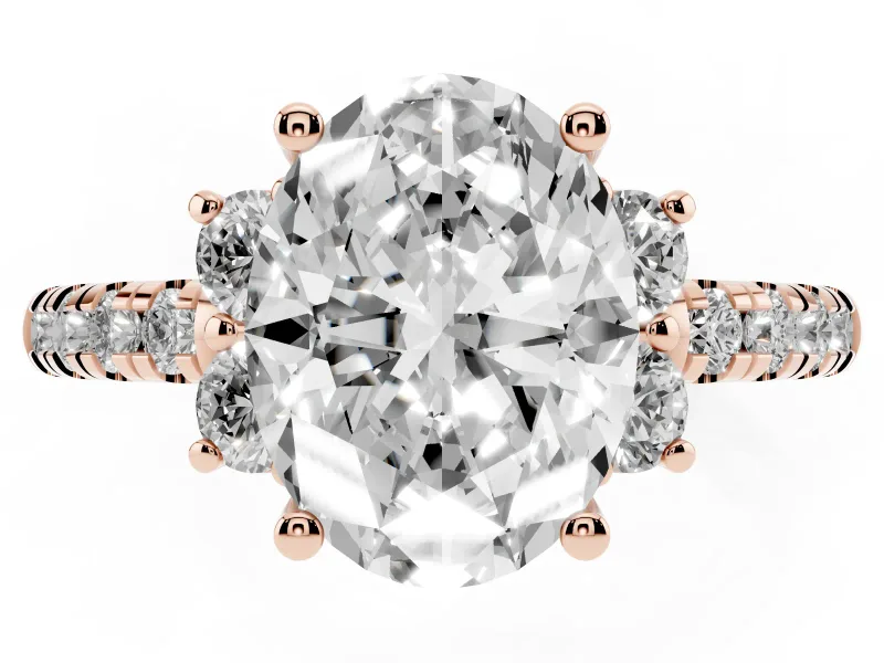 Oval Side Stone Pave Engagement Ring Setting | Paired Round Accents | Rose Gold
