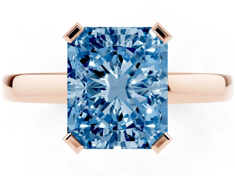 Fancy Blue Radiant Cut Diamond Solitaire Ring Set in Rose gold with Prong Head and Smooth Polished Band