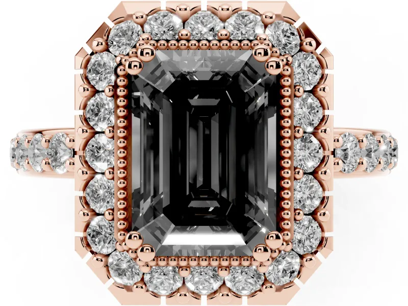 Emerald Cut Milgrain Halo Engagement Ring Setting for a Black Center | Pavé Shoulders | Rose Gold