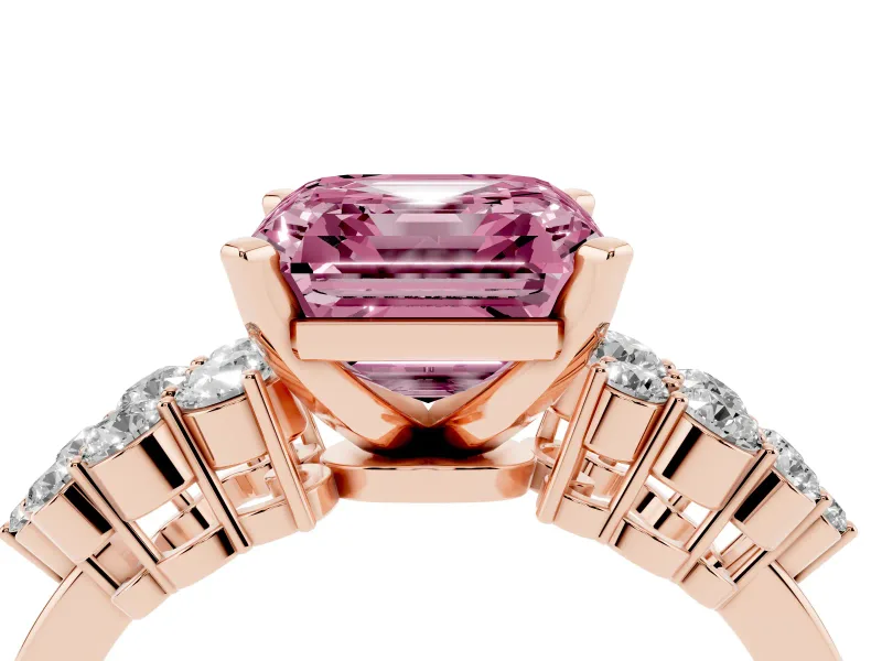 Fancy Pink Asscher Cut Diamond Cluster Engagement Ring Set in Rose gold with Pavé Band and Prong Setting