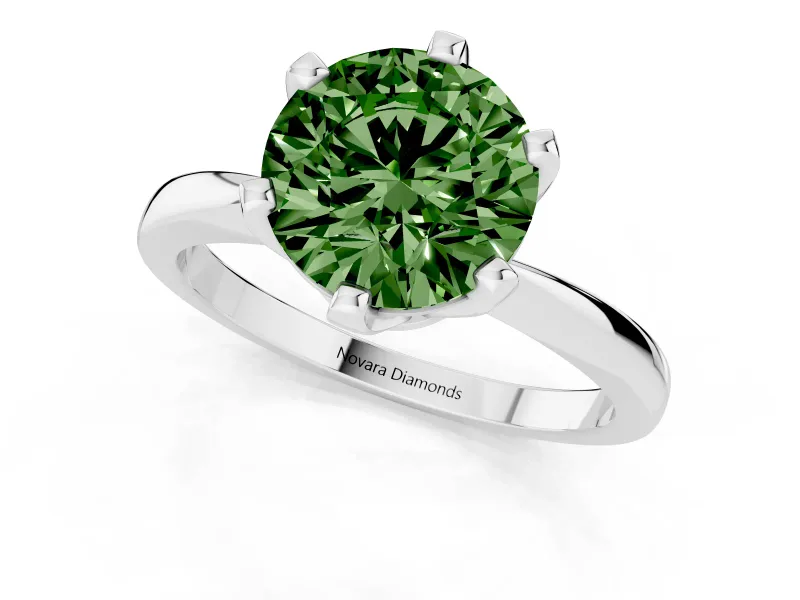 Fancy Green Round Cut Diamond Solitaire Engagement Ring Set in Silver with Slim Tapered Solitaire Band