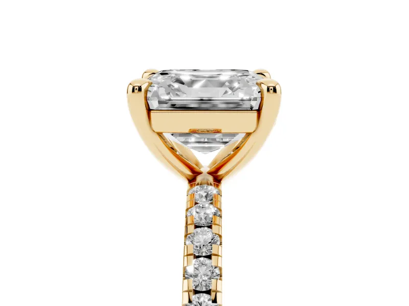 Asscher Cut Diamond Brilliant Solitaire Ring Set in Yellow gold with Pavé Band and Prong Setting