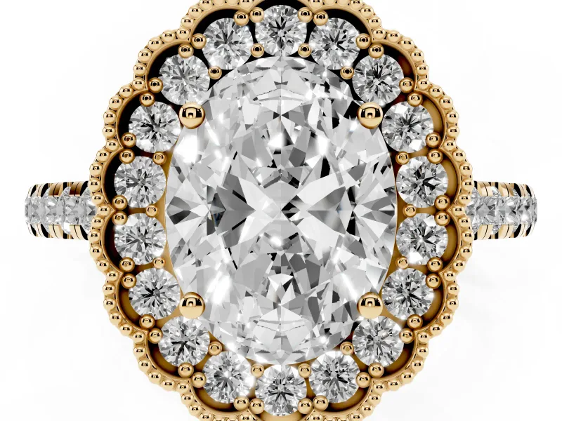Oval Vintage Milgrain Floral Halo Engagement Ring Setting | Pavé Band | Yellow Gold