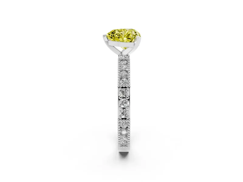 Fancy Yellow Heart Cut Diamond Solitaire Ring Set in Platinum with Slim Pavé Band and Prong Setting