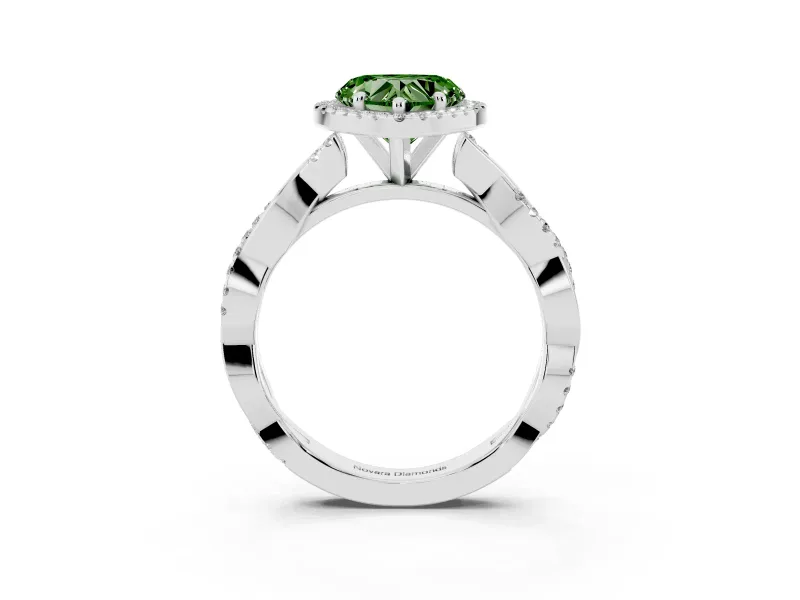 Fancy Green Heart Cut Diamond Halo Twisted Band Ring Set in White gold with Prong Setting