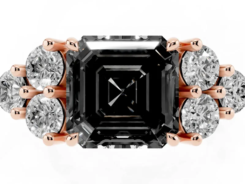 Fancy Black Asscher Cut Diamond Solitaire Ring Set in Rose gold with Cluster Accents on Each Side
