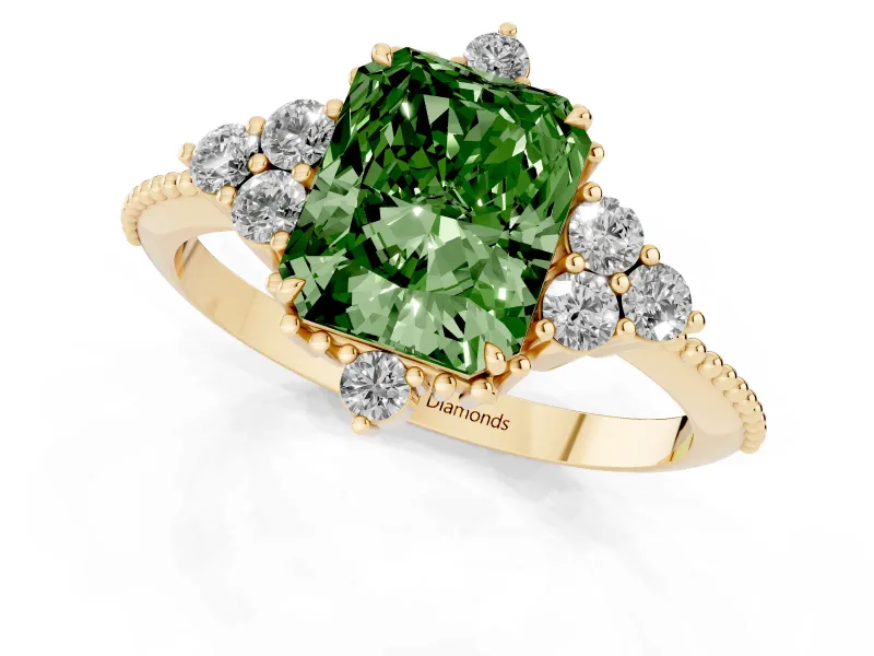 Fancy Green Radiant Cut Diamond Cluster Ring Set in Yellow gold with Beaded Band