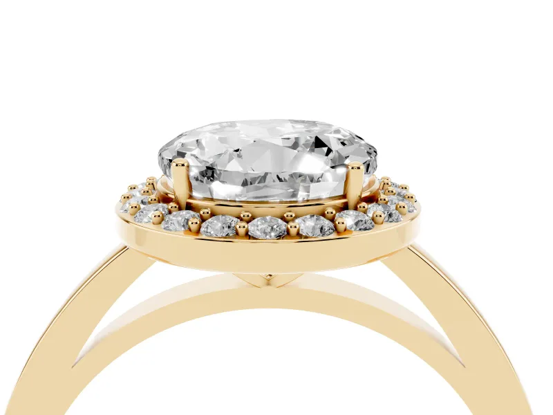 Round Thin Halo Low Profile Engagement Ring Setting | Slim Plain Band | Yellow Gold