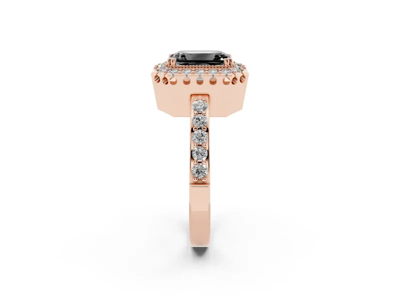 Emerald Cut Milgrain Halo Engagement Ring Setting for a Black Center | Pavé Shoulders | Rose Gold