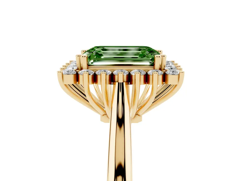 Fancy Green Emerald Cut Diamond Halo Ring Set in Yellow gold with Plain Solitaire Band and Prong Setting