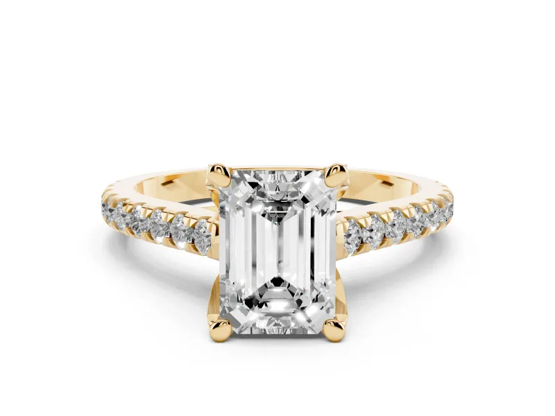 Emerald Cut Diamond Solitaire Ring Set in Yellow gold with Brilliant Pavé Band and Prong Setting