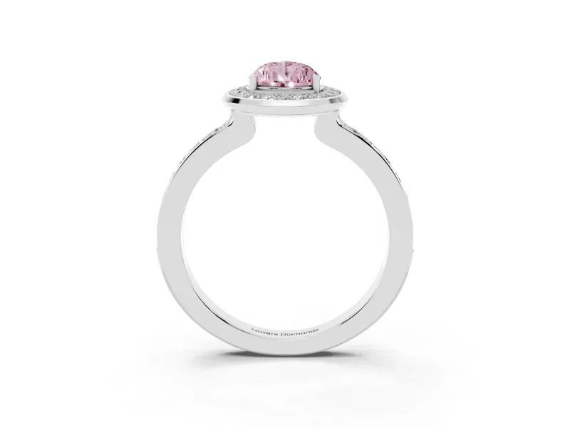 Fancy Pink Pear Cut Diamond Halo Ring Set in White gold with Bezel Frame and Pavé Band