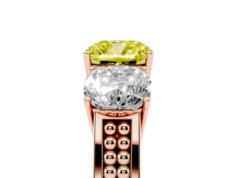 Fancy Yellow Cushion Cut Diamond Three-Stone Ring Set in Rose gold with Textured Band