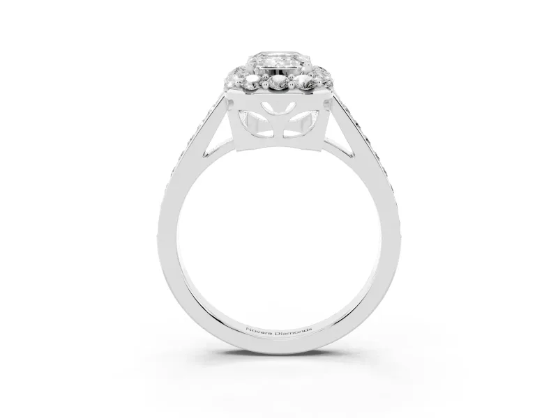 Emerald Cut Diamond Floral Halo Ring Set in Platinum with Pavé Band and Prong Setting