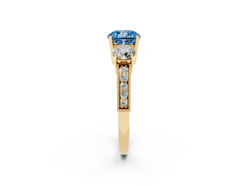 Cushion Cut Three Stone Engagement Ring Setting for a Fancy Blue Lab-Grown Diamond | Graduated Pave Band | Yellow Gold