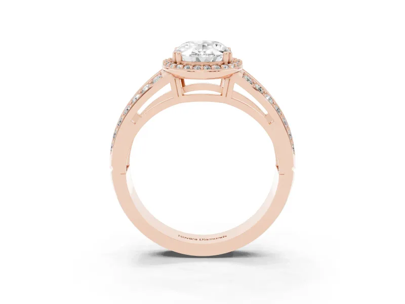 Oval Cut Diamond Halo Ring Set in Rose gold with Double Pavé Split Shank