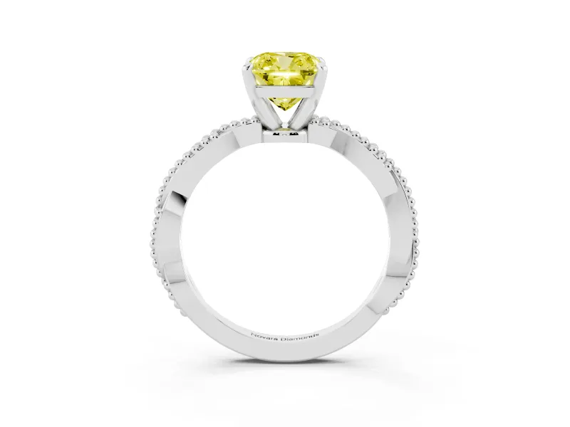 Fancy Yellow Cushion Cut Diamond Solitaire Ring Set in Silver with Twisted Band and Bead Prong Setting