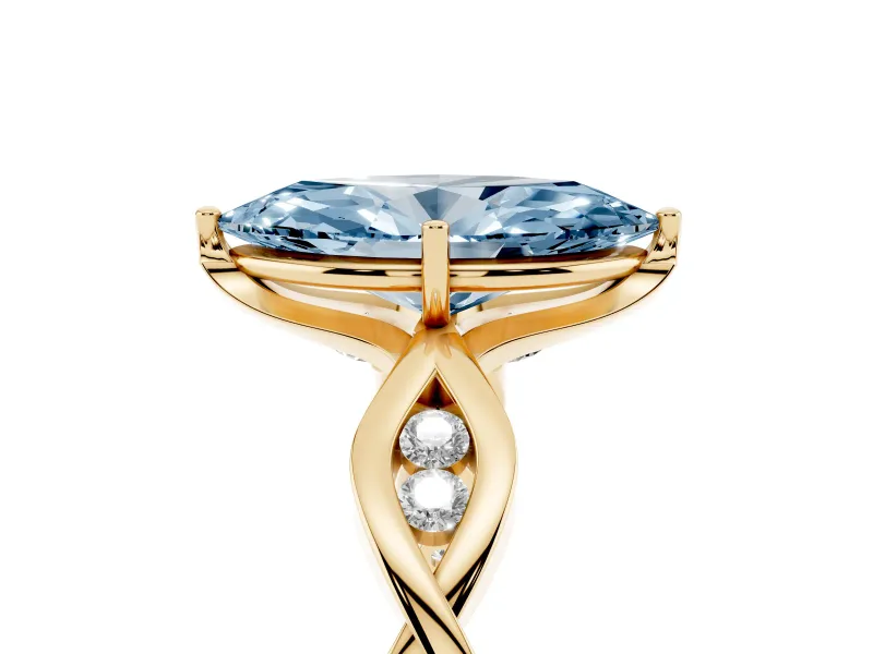 Fancy Blue Marquise Cut Diamond Twist Band Solitaire Ring Set in Yellow gold with Leaf Prong Setting and Accent Stones