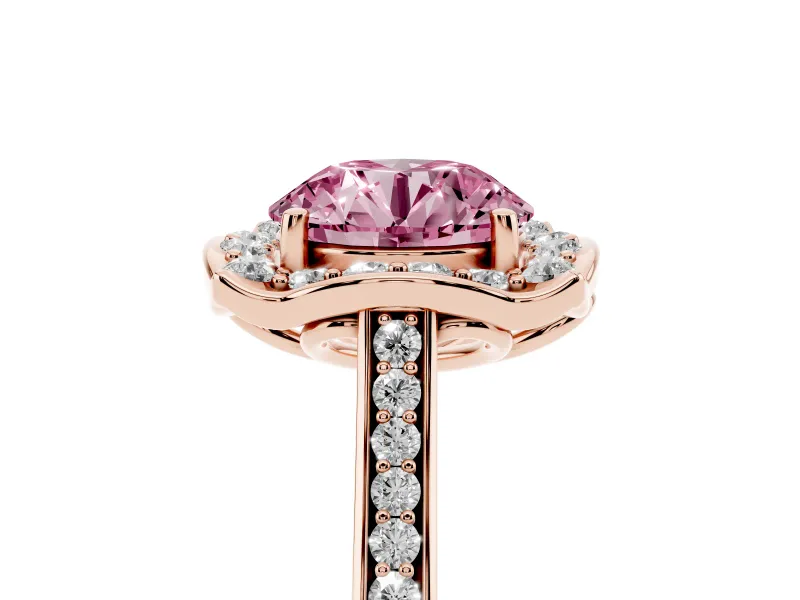 Round Halo Engagement Ring Setting for a Fancy Pink Lab-Grown Diamond | Petal Tips | Rose Gold