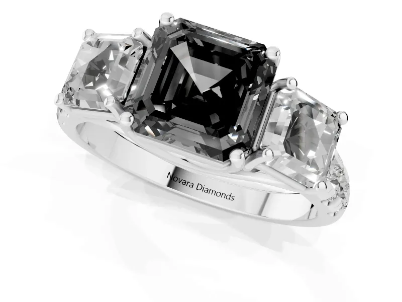 Asscher Cut Three Stone Engagement Ring Setting for a Black Center | Accented Shoulders | Sterling Silver