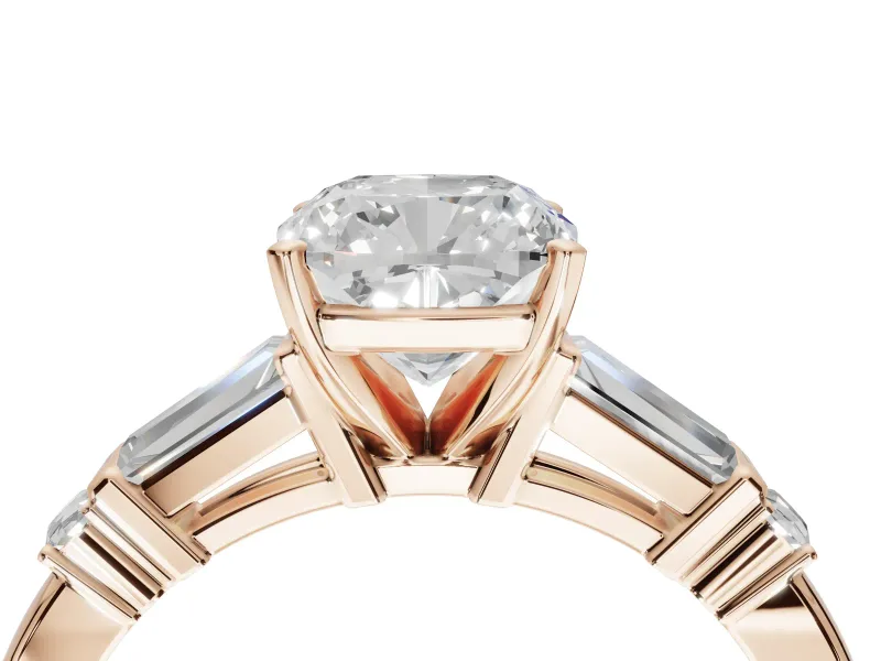 Cushion Cut Tapered Baguette Engagement Ring Setting | Bar Set Sides | Rose Gold
