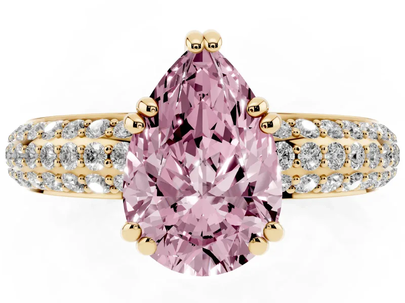 Pear-Shaped Three Row Pave Engagement Ring Setting for a Fancy Pink Lab-Grown Diamond | Yellow Gold