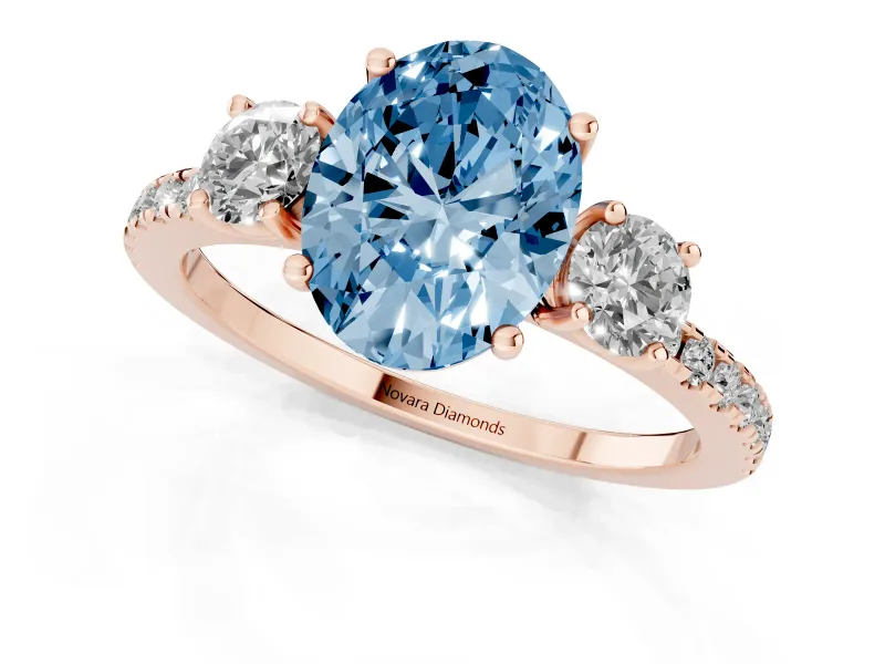 Oval Three Stone Engagement Ring Setting for a Fancy Blue Lab-Grown Diamond | Pave Shoulders | Rose Gold