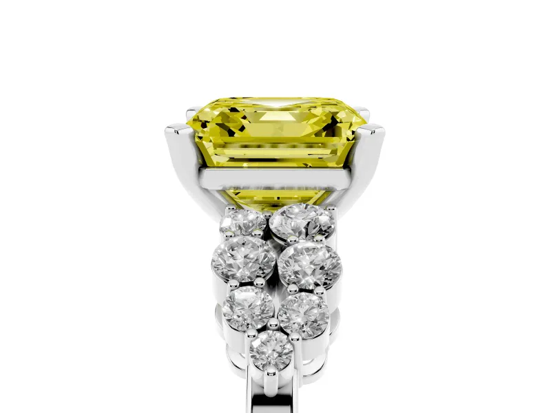 Fancy Yellow Asscher Cut Diamond Cluster Engagement Ring Set in White gold with Pavé Band and Prong Setting