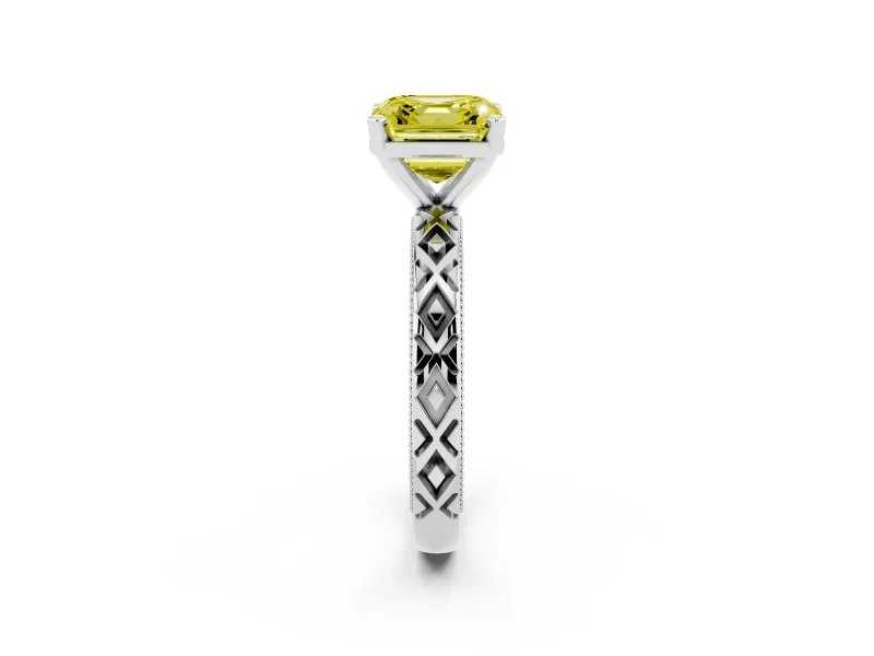 Fancy Yellow Asscher Cut Diamond Solitaire Ring Set in White gold with Milgrain and Black Enamel X Pattern Band
