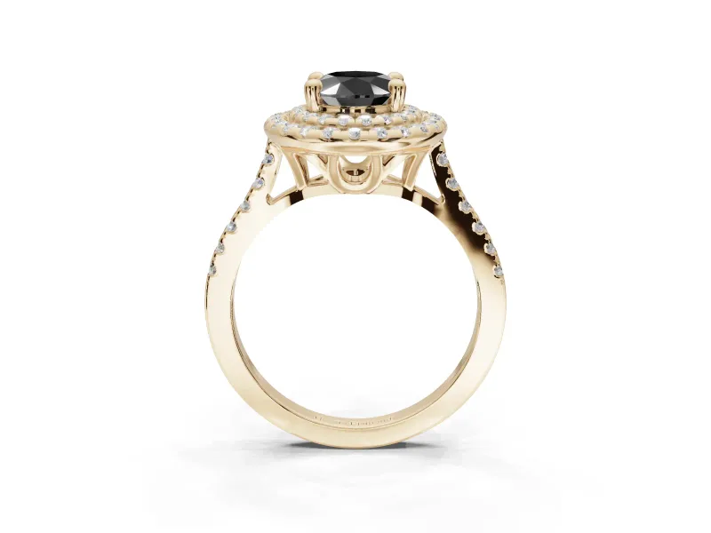 Fancy Black Oval Lab-Grown Diamond Double Halo Statement Ring Set in Yellow Gold with Pavé Band