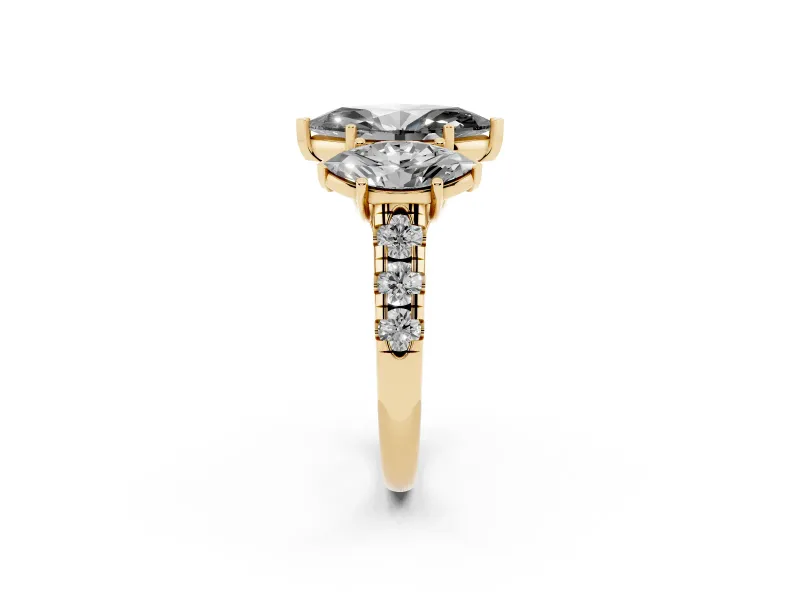 Marquise Three Stone Engagement Ring Setting for a Black Center | Accented Shoulders | Yellow Gold