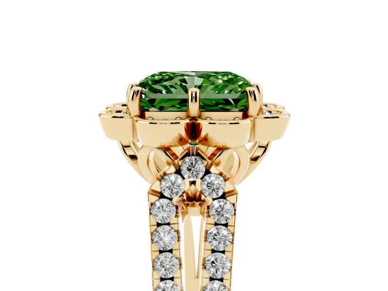 Radiant Cut Floral Halo Engagement Ring Setting for a Fancy Green Lab-Grown Diamond | Pavé Split Shank | Yellow Gold