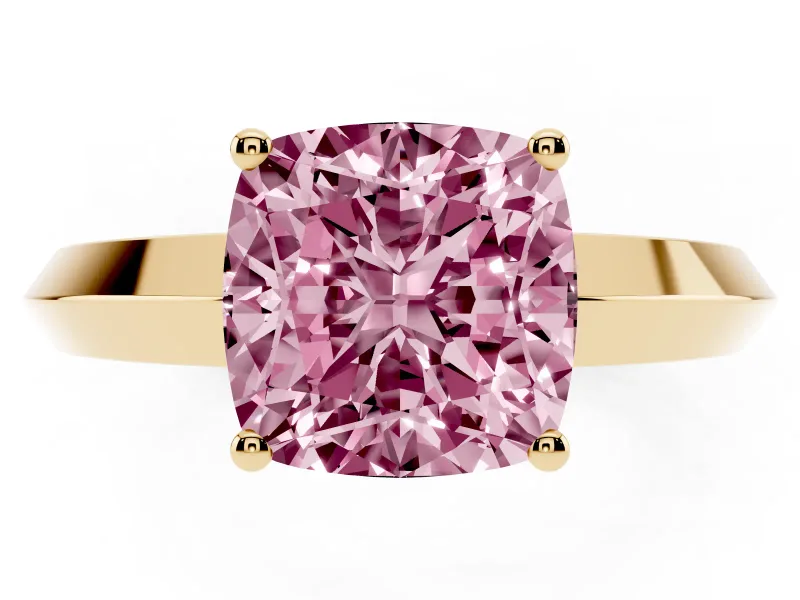 Fancy Pink Cushion Cut Diamond Solitaire Engagement Ring Set in Yellow gold with Flat Band and Prong Setting