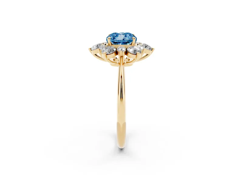 Cushion Cut Cluster Halo Engagement Ring Setting for a Fancy Blue Lab-Grown Diamond | Yellow Gold