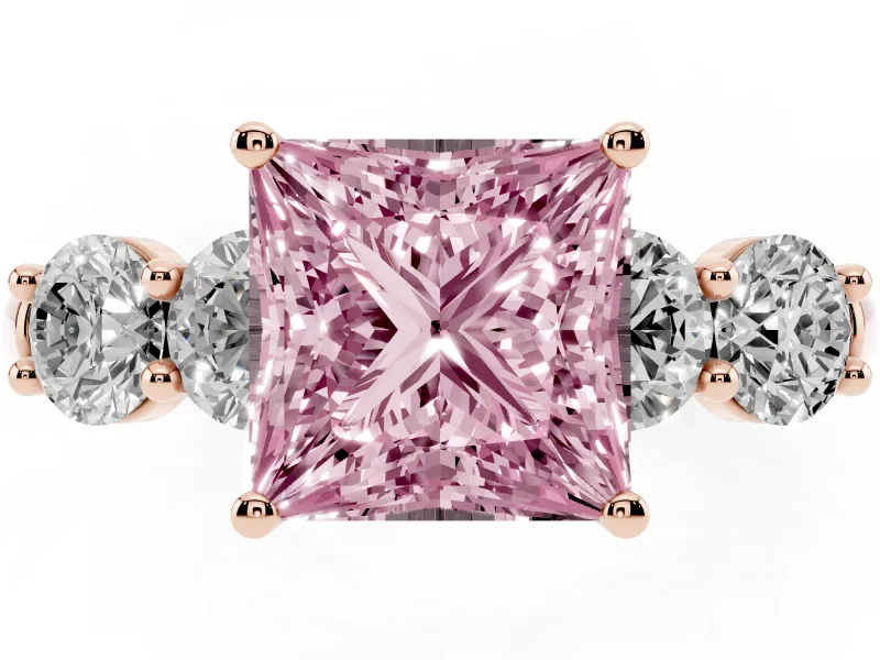 Princess Cut Five Stone Engagement Ring Setting for a Fancy Pink Lab-Grown Diamond | Prong Set Side Stones | Rose Gold