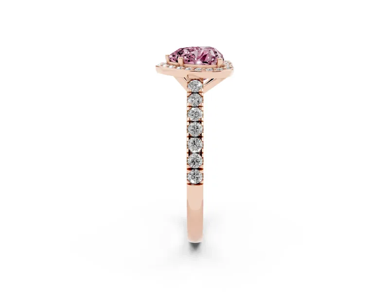 Fancy Pink Heart Cut Diamond Halo Engagement Ring Set in Rose gold with Pavé Band and Prong Setting